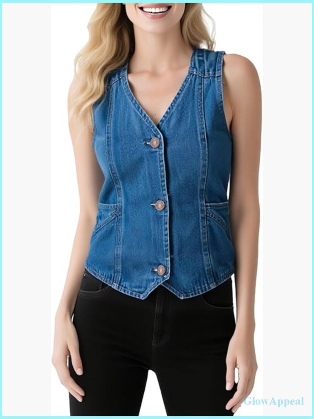 Denim Sleeveless Casual Vest, V Neck Button Front with Pockets